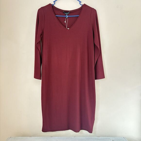 Eileen Fisher Extra Small Viscose Jersey Dress V-Neck Shift Claret NWT USA - Picture 1 of 12
